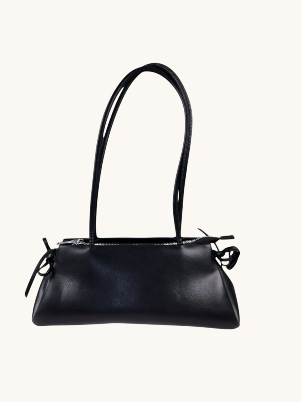Madison West Black Shoulder Tote Handbag – Side Knot Bows, Faux Leather, Zip Top